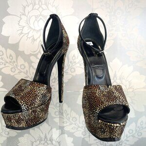 Roberto Cavalli Brown Swarovski Crystal Cheetah Platform Pump Size 38